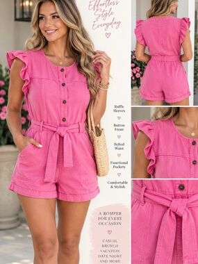 Grace+Emma XL Pink Denim Romper Ruffle Sleeve Belted Button Front Barbiecore